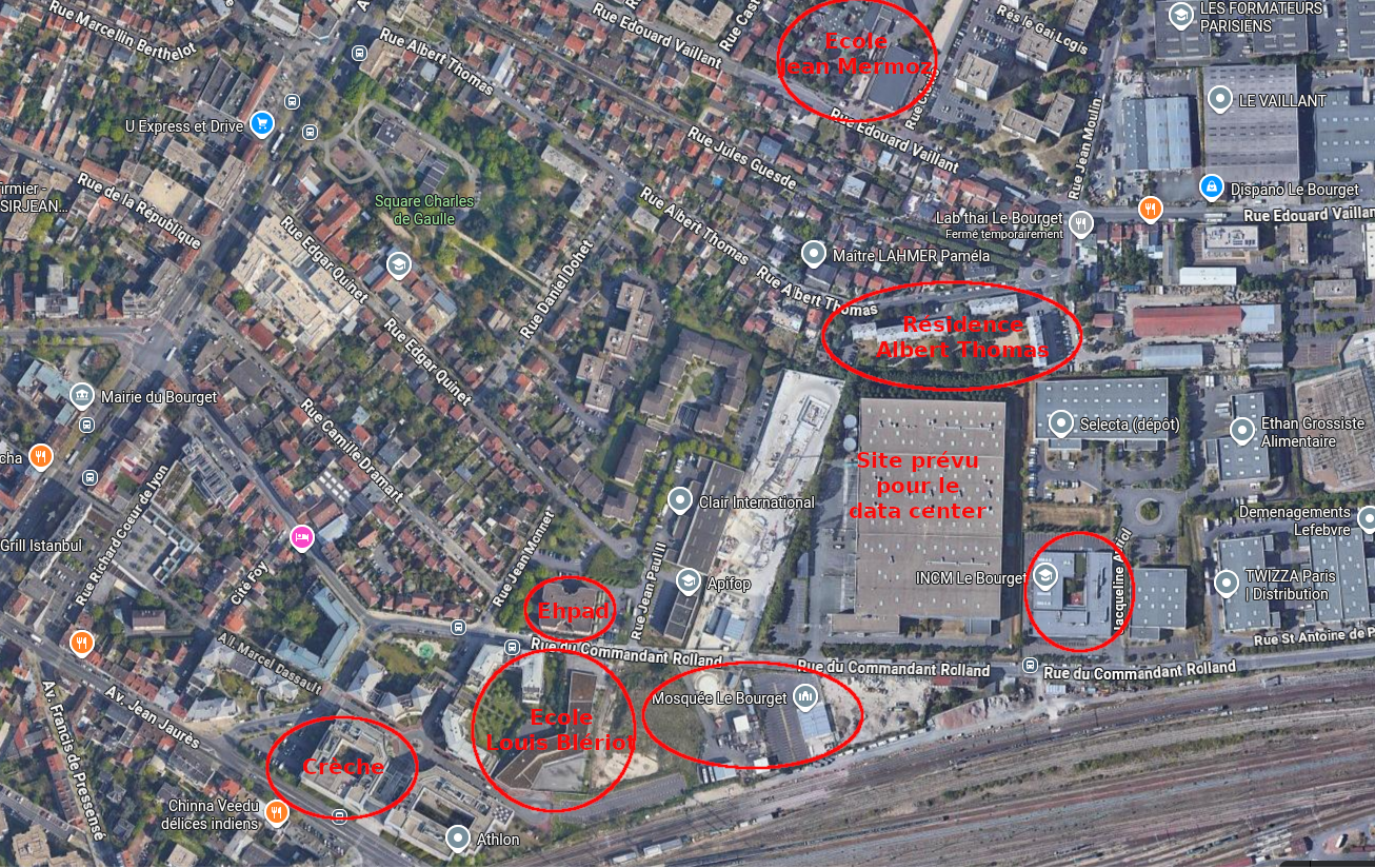 Vue aérienne du projet de data center du Bourget, rue du commandant Rolland. On distingue les différentes habitations, écoles, crèches, dans un rayon de 300 m.